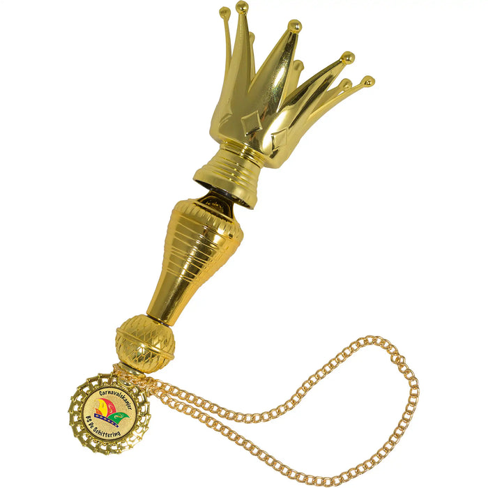 Gouden Prinsenstaf Mercer 26 cm met kroon, eigen logo en kettinkje