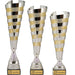 Sporttrofee Maury zilver goud met marmeren voet, alle drie de maten op een rij.