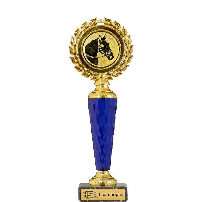 Trofee Lilou goudkleurig met blauw transparant tussenstuk en paardensport afbeelding 23,5 cm