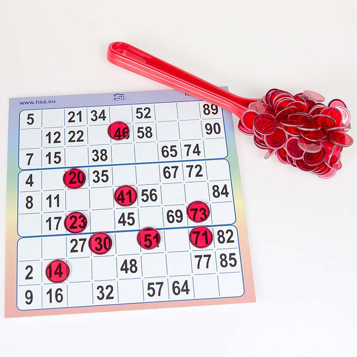 Bingofiches met metalen rand en magneet stok rood spel voorbeeld